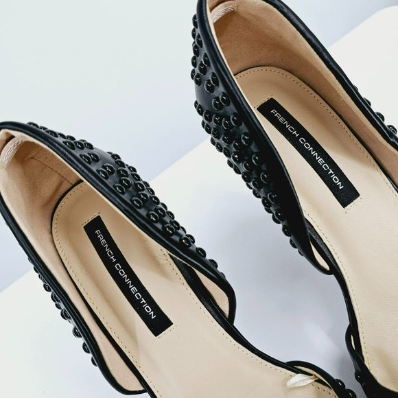 French Connection Forever D'Orsay Heels 7.5 Black Vegan Leather Studded Pointed - Picture 3 of 15